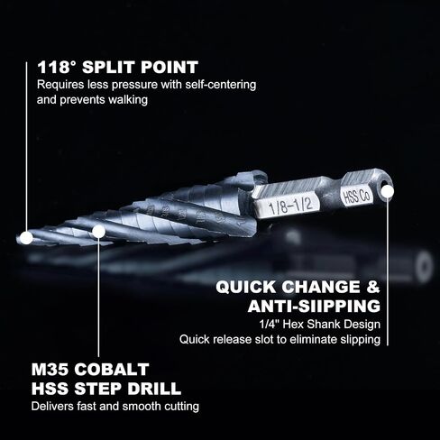 GRENPRO Step Drill Bit، 1/8 "-1/2" أربعة لولبية فلوت خطوة مثقاب الكوبالت، 1/4 "Hex Shank Step Bit للفولاذ المقاوم للصدأ والمعادن والألمنيوم والنحاس والألومنيوم والخشب والبلاستيك in Kuwait