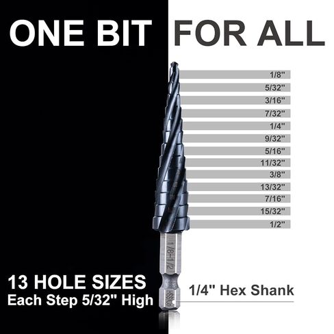 GRENPRO Step Drill Bit، 1/8 "-1/2" أربعة لولبية فلوت خطوة مثقاب الكوبالت، 1/4 "Hex Shank Step Bit للفولاذ المقاوم للصدأ والمعادن والألمنيوم والنحاس والألومنيوم والخشب والبلاستيك in Kuwait