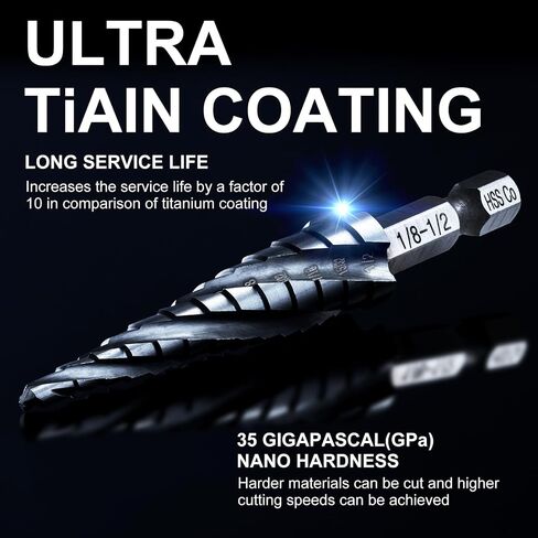 GRENPRO Step Drill Bit، 1/8 "-1/2" أربعة لولبية فلوت خطوة مثقاب الكوبالت، 1/4 "Hex Shank Step Bit للفولاذ المقاوم للصدأ والمعادن والألمنيوم والنحاس والألومنيوم والخشب والبلاستيك in Kuwait