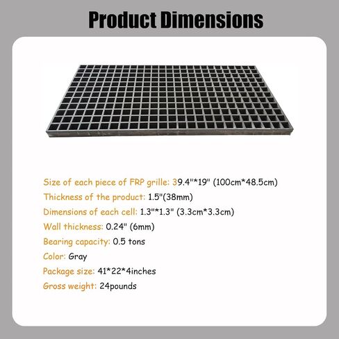 39.4"*19" Gray Fiberglass FRP Grating Non-Slip Grille FRP Grille Auto Repair Thickness 1.5" 0.5 Tons Bearing Capacity Gray in Kuwait