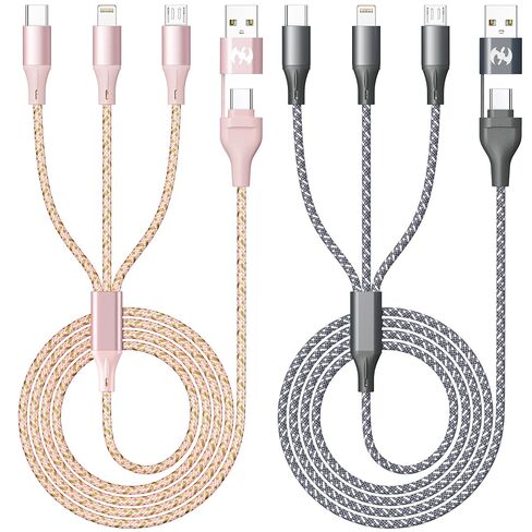 كابل شحن متعدد IDISON بطول 4 أقدام 2 حزمة، سلك شاحن 3 في 1 معتمد من MFi مع Lightning USB C Micro USB، كابل عالمي مضفر لهاتف iPhone Android Samsung Travel Car Office Bedside in Kuwait