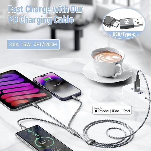 كابل شحن متعدد IDISON بطول 4 أقدام 2 حزمة، سلك شاحن 3 في 1 معتمد من MFi مع Lightning USB C Micro USB، كابل عالمي مضفر لهاتف iPhone Android Samsung Travel Car Office Bedside in Kuwait