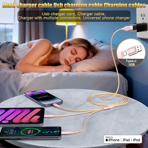 كابل شحن متعدد IDISON بطول 4 أقدام 2 حزمة، سلك شاحن 3 في 1 معتمد من MFi مع Lightning USB C Micro USB، كابل عالمي مضفر لهاتف iPhone Android Samsung Travel Car Office Bedside in Kuwait