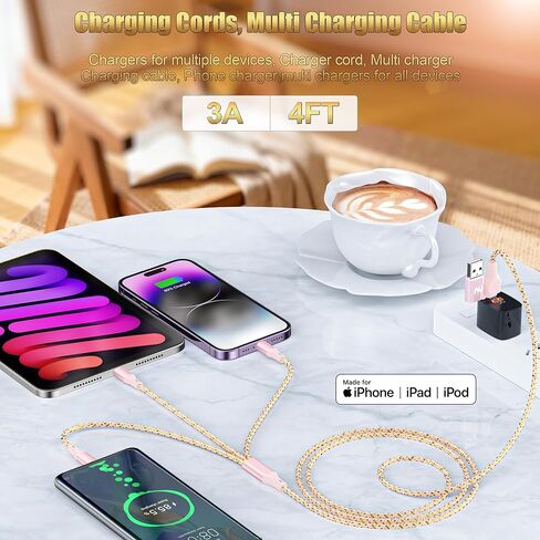 كابل شحن متعدد IDISON بطول 4 أقدام 2 حزمة، سلك شاحن 3 في 1 معتمد من MFi مع Lightning USB C Micro USB، كابل عالمي مضفر لهاتف iPhone Android Samsung Travel Car Office Bedside in Kuwait