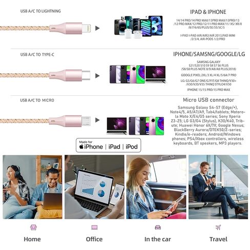 كابل شحن متعدد IDISON بطول 4 أقدام 2 حزمة، سلك شاحن 3 في 1 معتمد من MFi مع Lightning USB C Micro USB، كابل عالمي مضفر لهاتف iPhone Android Samsung Travel Car Office Bedside in Kuwait