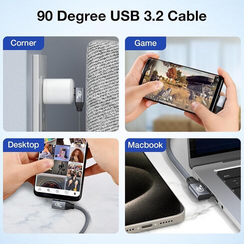 كابل شاشة QCEs USB C بزاوية يمين إخراج فيديو 3.3FT إلى شاشة محمولة 8K USB C 3.2 Gen 2x2 كابل فيديو 20 جيجابت في الثانية لنقل البيانات، شحن 240 وات PD لهاتف iPhone 17/16 MacBook Carplay KYY MNN InnoView in Kuwait