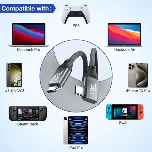 كابل شاشة QCEs USB C بزاوية يمين إخراج فيديو 3.3FT إلى شاشة محمولة 8K USB C 3.2 Gen 2x2 كابل فيديو 20 جيجابت في الثانية لنقل البيانات، شحن 240 وات PD لهاتف iPhone 17/16 MacBook Carplay KYY MNN InnoView in Kuwait