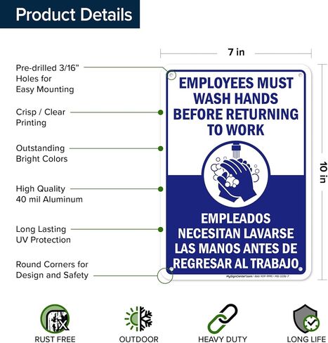 Employees Must Wash Hands Before Returning to Work Sign, 7" x 10" 0.40 Aluminum, Fade Resistance, Indoor/Outdoor Use, USA MADE By My Sign Center in Kuwait