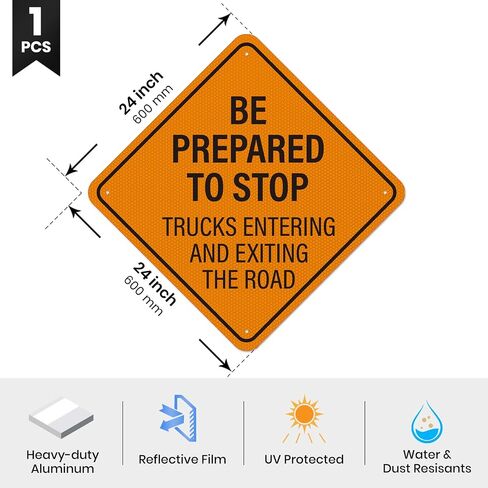 Be Prepared to Stop Sign Trucks Entering and Exiting Road Signage | 24" x 24" , Aluminum Traffic Metal Sign, Engineer-Grade Reflective, for Highway, Street, Driveways, Warehouses, Construction in Kuwait