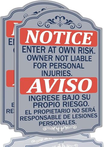 Notice Enter At Own Risk Owner Not Liable For Personal Injuries Bilingual Metal Not Responsible Aviso Entre Bajo Su Propio Riesgo English Spanish Security Signs 14x10 Inches Rust Free Aluminum Weatherproof Easy To Install 2 Pack in Kuwait