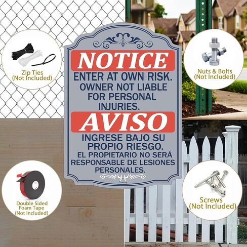 Notice Enter At Own Risk Owner Not Liable For Personal Injuries Bilingual Metal Not Responsible Aviso Entre Bajo Su Propio Riesgo English Spanish Security Signs 14x10 Inches Rust Free Aluminum Weatherproof Easy To Install 2 Pack in Kuwait
