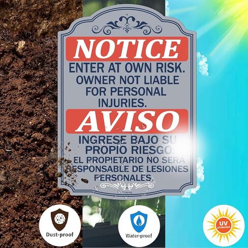 Notice Enter At Own Risk Owner Not Liable For Personal Injuries Bilingual Metal Not Responsible Aviso Entre Bajo Su Propio Riesgo English Spanish Security Signs 14x10 Inches Rust Free Aluminum Weatherproof Easy To Install 2 Pack in Kuwait