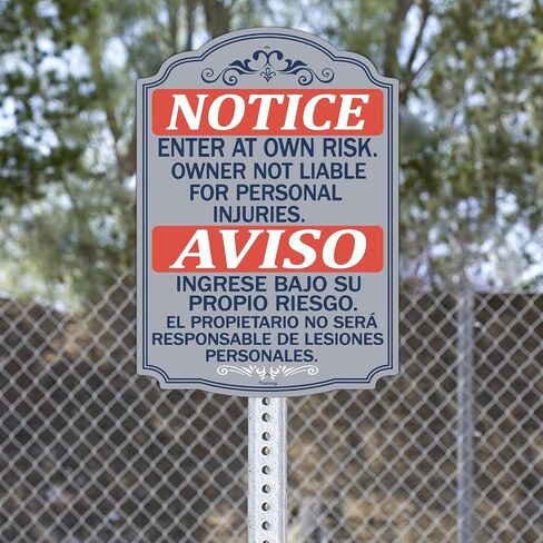 Notice Enter At Own Risk Owner Not Liable For Personal Injuries Bilingual Metal Not Responsible Aviso Entre Bajo Su Propio Riesgo English Spanish Security Signs 14x10 Inches Rust Free Aluminum Weatherproof Easy To Install 2 Pack in Kuwait