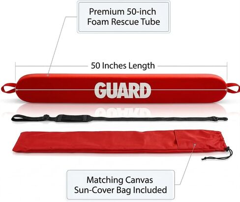 50-Inch Lifeguard Rescue Tube – Professional Red Foam Throwable Flotation Device for Pool & Beach Safety - Buoy Includes Sun-Protection Canvas Storage Bag to Prevent Fading & Cracking Lifeguard Tube in Kuwait