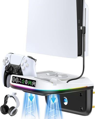 P S5 Wall Mount Kit with Cooling Fan and Charging Station Compatible with PS5/ Slim/ Pro Disc and Digital, PS Five Floating Shelf with 9 RGB Lights, P S5 Mount Behind TV, P S5 Accessories for Gaming in Saudi Arabia