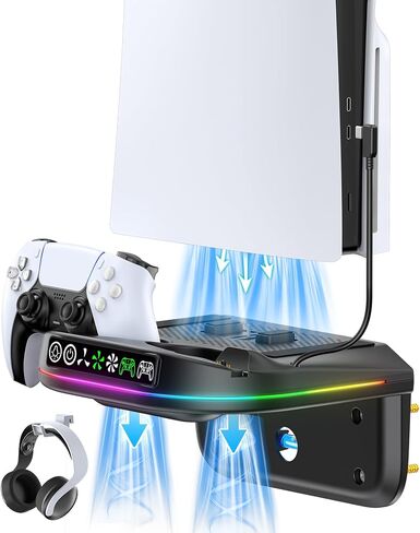 P S5 Wall Mount Kit with Cooling Fan and Charging Station Compatible with PS5/ Slim/ Pro Disc and Digital, PS Five Floating Shelf with 9 RGB Lights, P S5 Mount Behind TV, P S5 Accessories for Gaming in Saudi Arabia