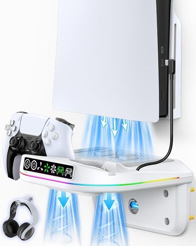 P S5 Wall Mount Kit with Cooling Fan and Charging Station Compatible with PS5/ Slim/ Pro Disc and Digital, PS Five Floating Shelf with 9 RGB Lights, P S5 Mount Behind TV, P S5 Accessories for Gaming in Saudi Arabia