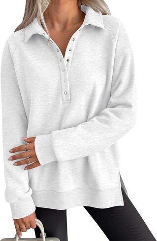 ANRABESS Women's Oversized Button Up Henley Sweatshirts | Collared V Neck Long Sleeve Hoodies Shirt，Cozy Fleece Pullover Top, Casual Fall Outfits，Side Slit,College Teen Preppy Clothes in Kuwait