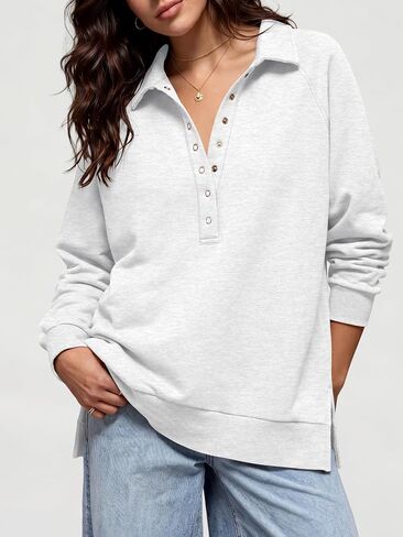 ANRABESS Women's Oversized Button Up Henley Sweatshirts | Collared V Neck Long Sleeve Hoodies Shirt，Cozy Fleece Pullover Top, Casual Fall Outfits，Side Slit,College Teen Preppy Clothes in Kuwait