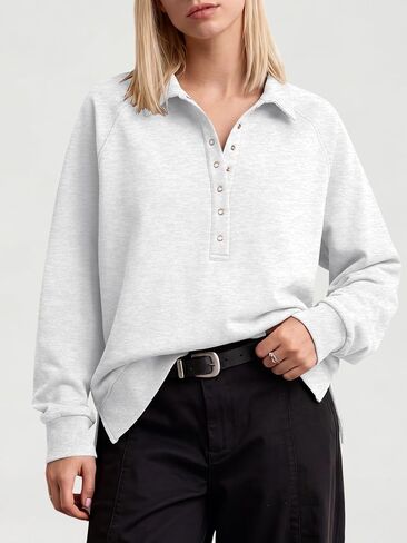 ANRABESS Women's Oversized Button Up Henley Sweatshirts | Collared V Neck Long Sleeve Hoodies Shirt，Cozy Fleece Pullover Top, Casual Fall Outfits，Side Slit,College Teen Preppy Clothes in Kuwait