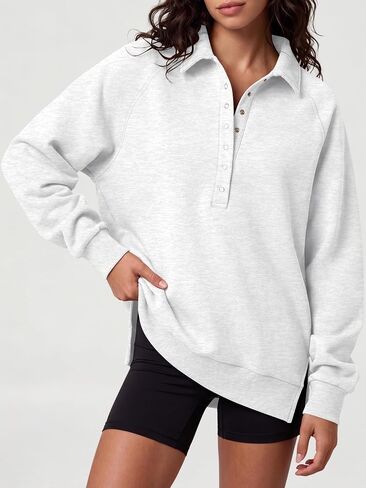 ANRABESS Women's Oversized Button Up Henley Sweatshirts | Collared V Neck Long Sleeve Hoodies Shirt，Cozy Fleece Pullover Top, Casual Fall Outfits，Side Slit,College Teen Preppy Clothes in Kuwait