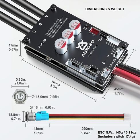 وحدة تحكم المحرك Autoro AESC V4 PRO Sparkless BLDC 12S تيار مستمر 80A Peak 200A Mini ESC FOC وحدة تحكم في السرعة مع مفتاح طاقة لسكوتر لوح التزلج الكهربائي DIY Ebike Longboard Robotics | جهاز التحكم في سرعة المحرك Autoro BLDC FOC بدون شرارة 12S 80A in Kuwait