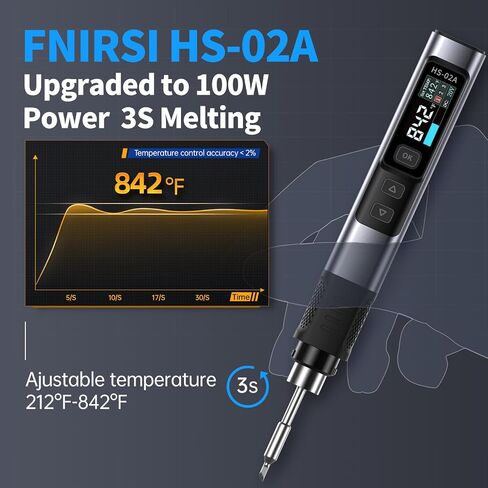 FNIRSI HS-02A مجموعة مكواة لحام سلكية محمولة بقدرة 100 وات مع حقيبة تخزين، تسخين سريع 3S، 212-842 درجة فهرنهايت، درجة حرارة 3 مجموعات محددة مسبقًا، 6 أطراف لحام F245، قلم مكواة لحام ذكي لإصلاح الإلكترونيات in Kuwait