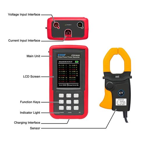 ETCR8430 مسجل الطاقة ثلاثي الطور USB محلل جودة الطاقة | مسجل بيانات الجهد والتيار 6 قنوات، 0.01 فولت - 600 فولت، 1 مللي أمبير - 400 أمبير in Kuwait