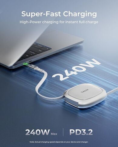 كابل TALIX 240 وات USB C قابل للسحب، PD 3.2 كابل شحن سريع USB C إلى USB C مع وحدة تخزين Mag Snap، شريحة علامة إلكترونية، سلك قابل للسحب مضاد للتشابك للسفر، MacBook، iPhone 17، Samsung S25، 4.92FT in Kuwait