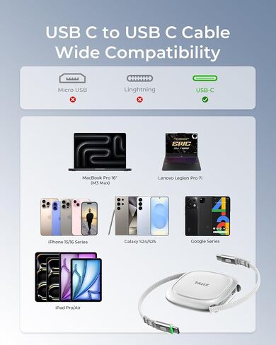 كابل TALIX 240 وات USB C قابل للسحب، PD 3.2 كابل شحن سريع USB C إلى USB C مع وحدة تخزين Mag Snap، شريحة علامة إلكترونية، سلك قابل للسحب مضاد للتشابك للسفر، MacBook، iPhone 17، Samsung S25، 4.92FT in Kuwait