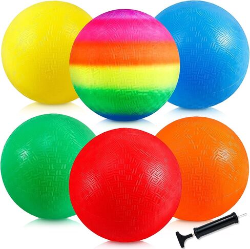 6 Pack Playground Balls, 8.5 inch Dodgeballs for Adults, Dodge Kick Ball with Hand Pump, Kickball Handball Dodgeball for Indoor Outdoor Yard Games(Orange, Red, Yellow, Blue, Rainbow, Green) in Kuwait