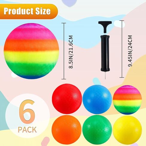 6 Pack Playground Balls, 8.5 inch Dodgeballs for Adults, Dodge Kick Ball with Hand Pump, Kickball Handball Dodgeball for Indoor Outdoor Yard Games(Orange, Red, Yellow, Blue, Rainbow, Green) in Kuwait