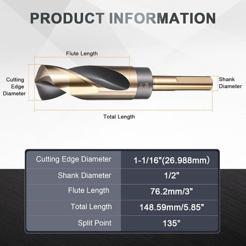 uxcell 1-1/16" Drill Bit 1/2" Reduced Shank 3-Flat M35 5% Cobalt High-Speed Steel Twist Black and Gold Finish 135° Bits for Hard Metal Stainless Steel,1pcs in Kuwait
