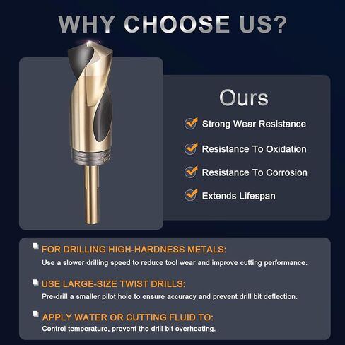 uxcell 1-1/16" Drill Bit 1/2" Reduced Shank 3-Flat M35 5% Cobalt High-Speed Steel Twist Black and Gold Finish 135° Bits for Hard Metal Stainless Steel,1pcs in Kuwait