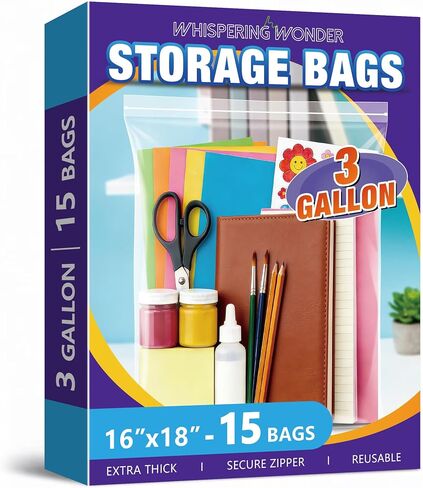 3 Gallon Zippered Plastic Storage Bags, 16" x 18" Clear Reusable Bags, 2-Mil Thick, For Clothes, Travel, Moving & Organizing, 15 Packs in Kuwait