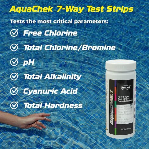 شرائط اختبار AquaChek ذات 7 اتجاهات لحمام السباحة والسبا - شرائط اختبار حمام السباحة الفضية للأس الهيدروجيني والكلور الكلي والكلور الحر والبروم والقلوية والصلابة الكاملة وحمض السيانوريك - مجموعة اختبار جودة المياه (100 شريط) in Kuwait