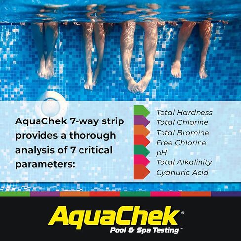 شرائط اختبار AquaChek ذات 7 اتجاهات لحمام السباحة والسبا - شرائط اختبار حمام السباحة الفضية للأس الهيدروجيني والكلور الكلي والكلور الحر والبروم والقلوية والصلابة الكاملة وحمض السيانوريك - مجموعة اختبار جودة المياه (100 شريط) in Kuwait