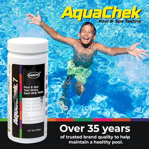 شرائط اختبار AquaChek ذات 7 اتجاهات لحمام السباحة والسبا - شرائط اختبار حمام السباحة الفضية للأس الهيدروجيني والكلور الكلي والكلور الحر والبروم والقلوية والصلابة الكاملة وحمض السيانوريك - مجموعة اختبار جودة المياه (100 شريط) in Kuwait