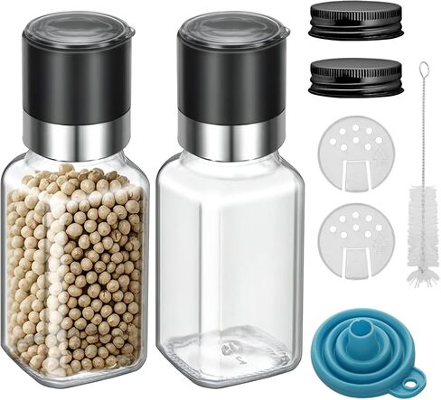2Pcs 6oz square Glass Spice Jar with Lid, 180ml Spice Jar with Salt Herb Black Pepper Grinder, Sea Salt Grinder Spice Bottle, Whole Peppercorn Pepper Mill (2) in Kuwait