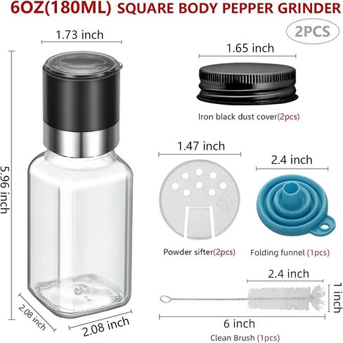2Pcs 6oz square Glass Spice Jar with Lid, 180ml Spice Jar with Salt Herb Black Pepper Grinder, Sea Salt Grinder Spice Bottle, Whole Peppercorn Pepper Mill (2) in Kuwait