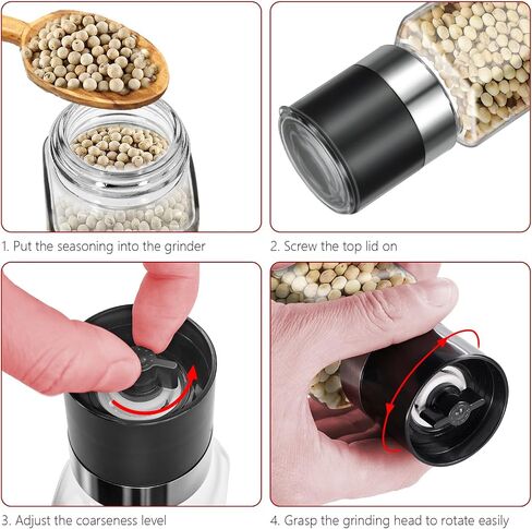 2Pcs 6oz square Glass Spice Jar with Lid, 180ml Spice Jar with Salt Herb Black Pepper Grinder, Sea Salt Grinder Spice Bottle, Whole Peppercorn Pepper Mill (2) in Kuwait