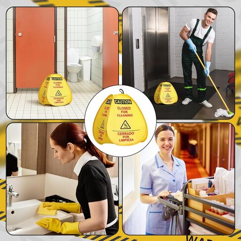Fanfanwin 6 Pack 16" Pop-up Wet Floor Sign Closed for Cleaning Signs Yellow 4-sided English/Spanish Warning Foldable Highly Visible Portable Banner for Commercial Restaurant in Kuwait