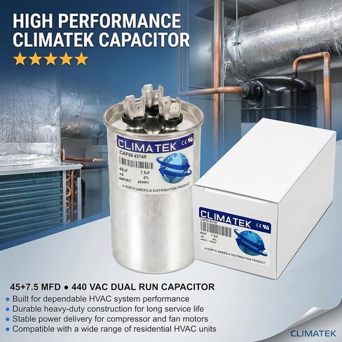 ClimaTek Round Capacitor Replaces Carrier # HC98JA047 | 45/7.5 uf MFD, 370/440 Volt VAC, Dual Run in Kuwait