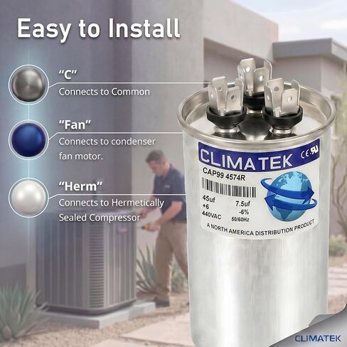 ClimaTek Round Capacitor Replaces Carrier # HC98JA047 | 45/7.5 uf MFD, 370/440 Volt VAC, Dual Run in Kuwait