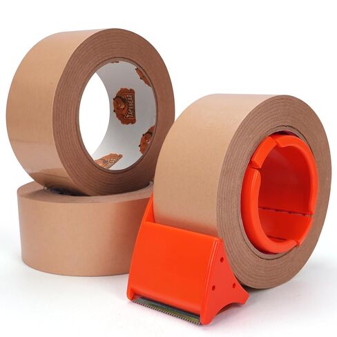 شريط تغليف ورقي صديق للبيئة من TAPEBEAR مع موزع، شريط تغليف كرافت مطلي مقاوم للماء مقاس 2 بوصة × 55 ياردة شريط من الورق المقوى البني لاصق ذاتي لتحريك صناديق ختم الشحن، 3 لفات in Kuwait
