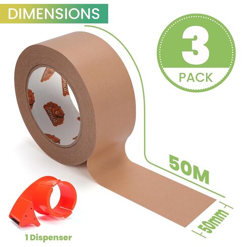 شريط تغليف ورقي صديق للبيئة من TAPEBEAR مع موزع، شريط تغليف كرافت مطلي مقاوم للماء مقاس 2 بوصة × 55 ياردة شريط من الورق المقوى البني لاصق ذاتي لتحريك صناديق ختم الشحن، 3 لفات in Kuwait