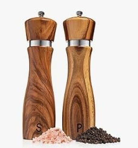 Wooden Salt and Pepper Grinder Set - Pepper Mills Adjust for Customized Coarseness & Refillable Salt, Crafted of Solid Acacia Wood with Ceramic/Stainless Steel Core, Pack of 2 in Kuwait