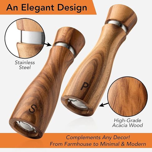 Wooden Salt and Pepper Grinder Set - Pepper Mills Adjust for Customized Coarseness & Refillable Salt, Crafted of Solid Acacia Wood with Ceramic/Stainless Steel Core, Pack of 2 in Kuwait