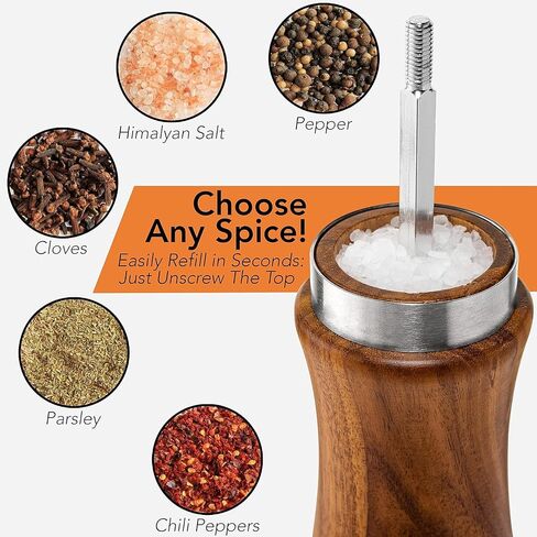 Wooden Salt and Pepper Grinder Set - Pepper Mills Adjust for Customized Coarseness & Refillable Salt, Crafted of Solid Acacia Wood with Ceramic/Stainless Steel Core, Pack of 2 in Kuwait