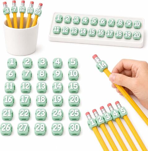 Numbered Pencil Toppers, 30/50 PCS Reusable Classroom Pencil Labels, Number Pencil Toppers for Classroom Organization and Supply Tracking Station (Green, Numbers 1-30) in Kuwait